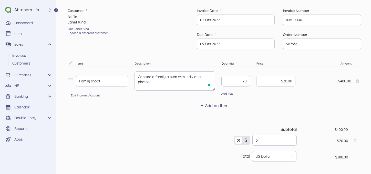 Creating an invoice on accounting software